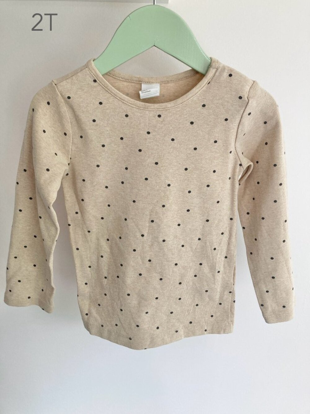 🪴5/$30 H&M 2T Toddler Girl Beige Polka Dot Long Sleeve Tee Shirt Fall Preppy